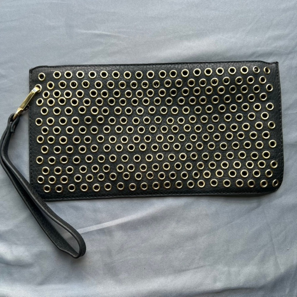 Black Studded Wristlet Clutch Evening Bag Party Purse Gold Accent Stylish